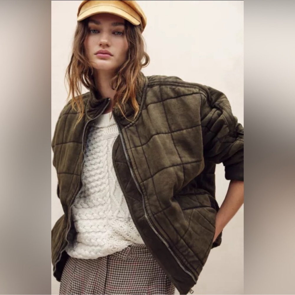 Free People Olive Quilted Suede Bomber Jacket